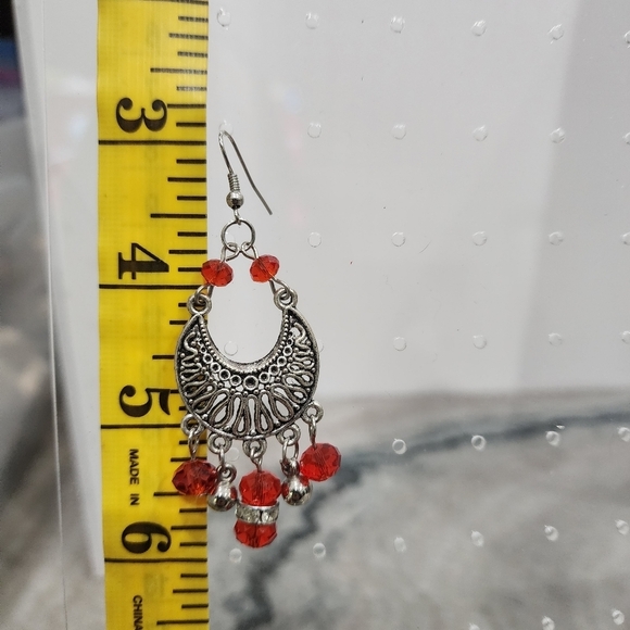 Bohemian Silver Crescent Earrings with Red Faceted Bead Drops - Picture 3 of 4
